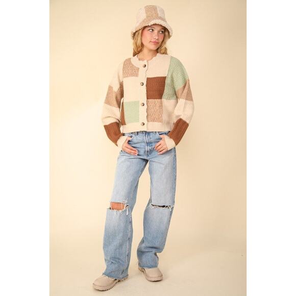 VERY J Color Block Button Down Textured Knit Cropped Sweater Cardigan | Oatmeal - Picture 10 of 10